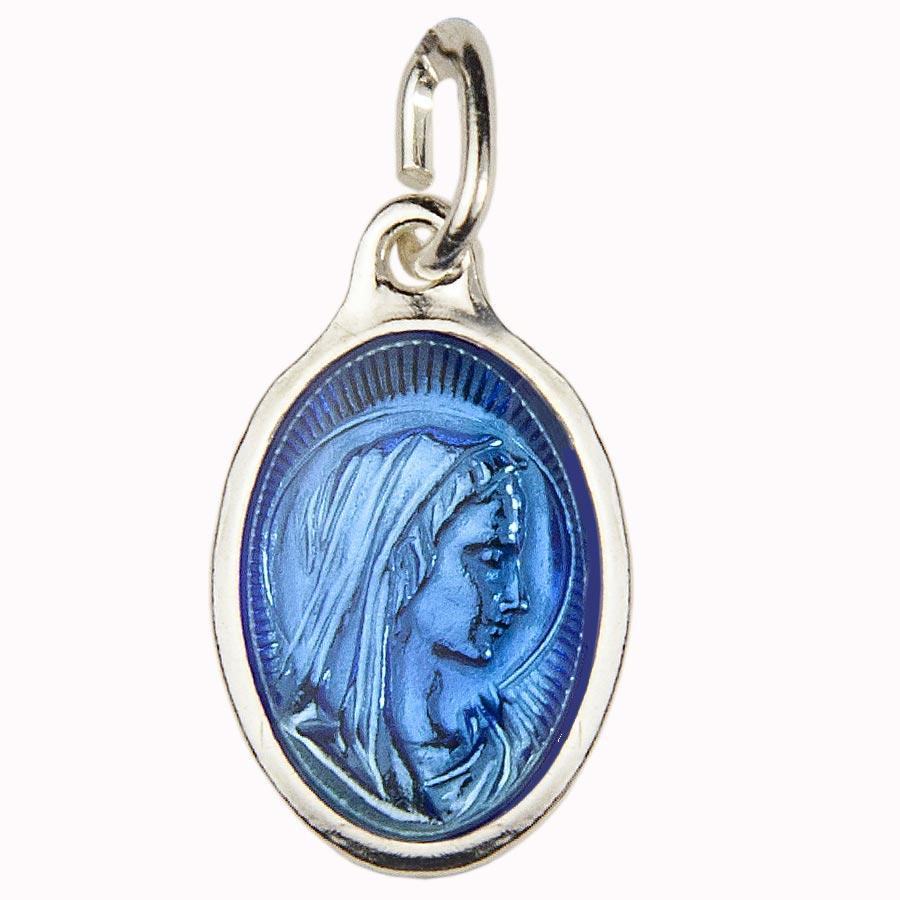 Médaille Laiton Argenté Vierge de Profil Ovale 20 mm Epoxy Bleue médaille Souvenirs de Lourdes