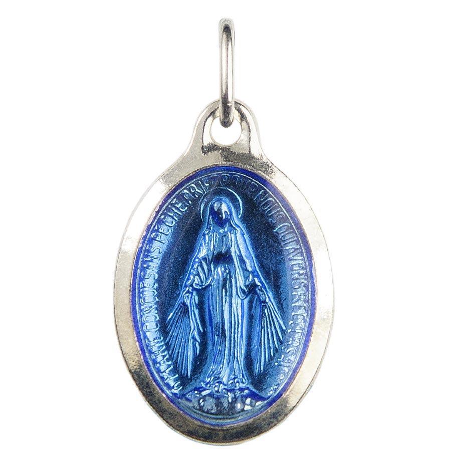 Médaille Vierge Miraculeuse Laiton Argenté 17 mm Epoxy Bleue médaille Souvenirs de Lourdes