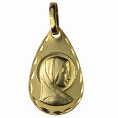Médaille Vierge de Profil Or 9 carats Forme de Goutte 19x12 mm Bord Lapidé médaille Souvenirs de Lourdes