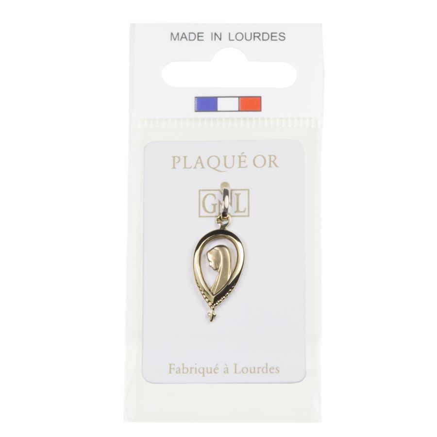 Médaille Vierge de profil plaqué-or 3 microns forme goutte d'eau 20x10mm médaille Souvenirs de Lourdes