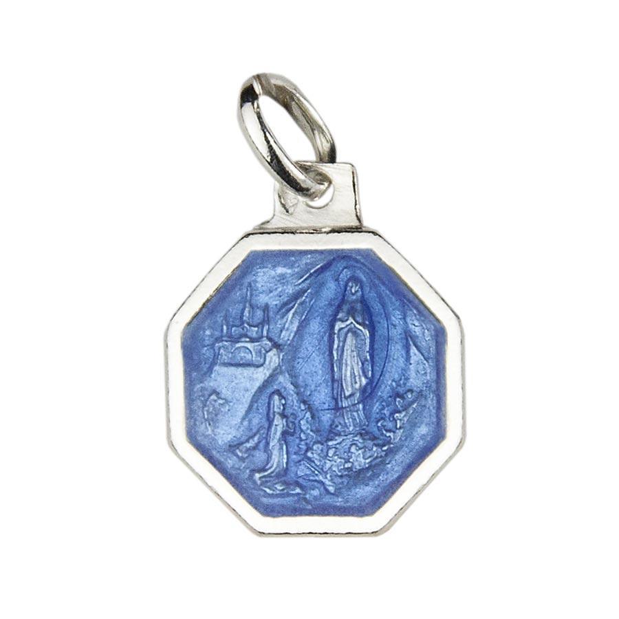 Médaille Apparition de Lourdes Argent 925/000 Octogonale 15 mm email Grand Feu Bleu médaille Souvenirs de Lourdes