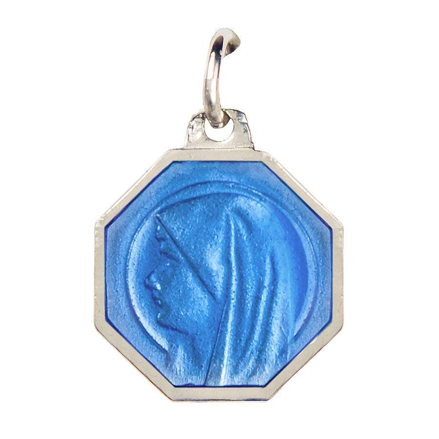 Médaille Apparition de Lourdes Argent 925/000 octogonale 15 mm email bleu médaille Souvenirs de Lourdes