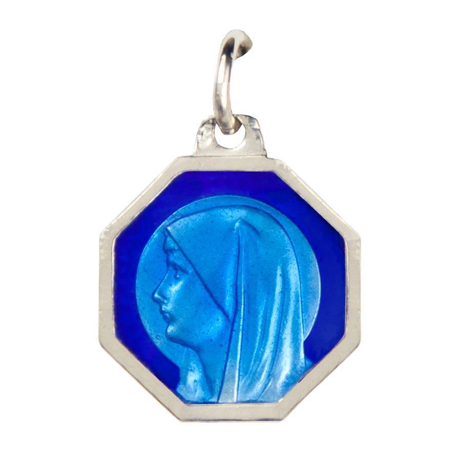 Médaille Vierge de Profil Argent 925/000 octogonale 15 mm Email Grand Feu Bleu 2 Tons médaille Souvenirs de Lourdes