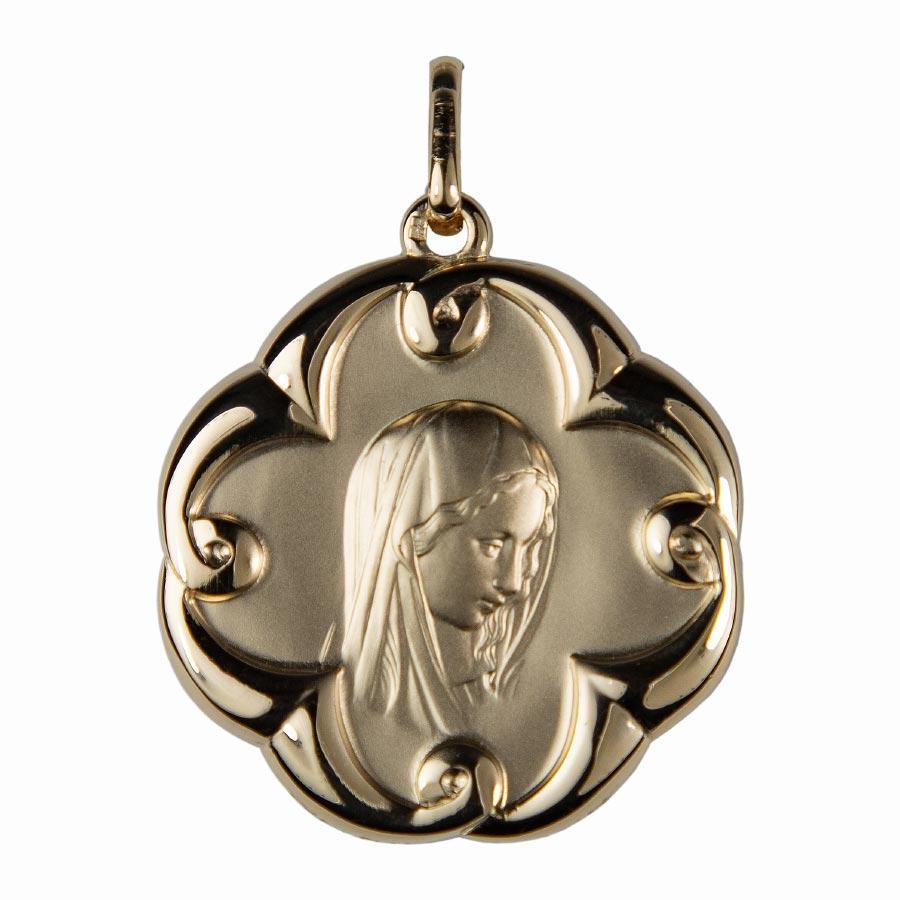 Médaille Vierge de profil plaqué-or 3 microns forme de fleur 30x30 mm médaille Souvenirs de Lourdes